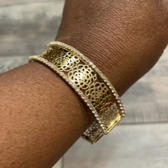 Gold Camellia Flower Rhinestone Cuff Bracelet - Picture 11 of 12